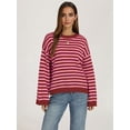 thumbnail image 4 of Womens Long Sleeve Sweater Striped Oversized Sweaters Casual Crewneck Knit Tops Pink XL, 4 of 7