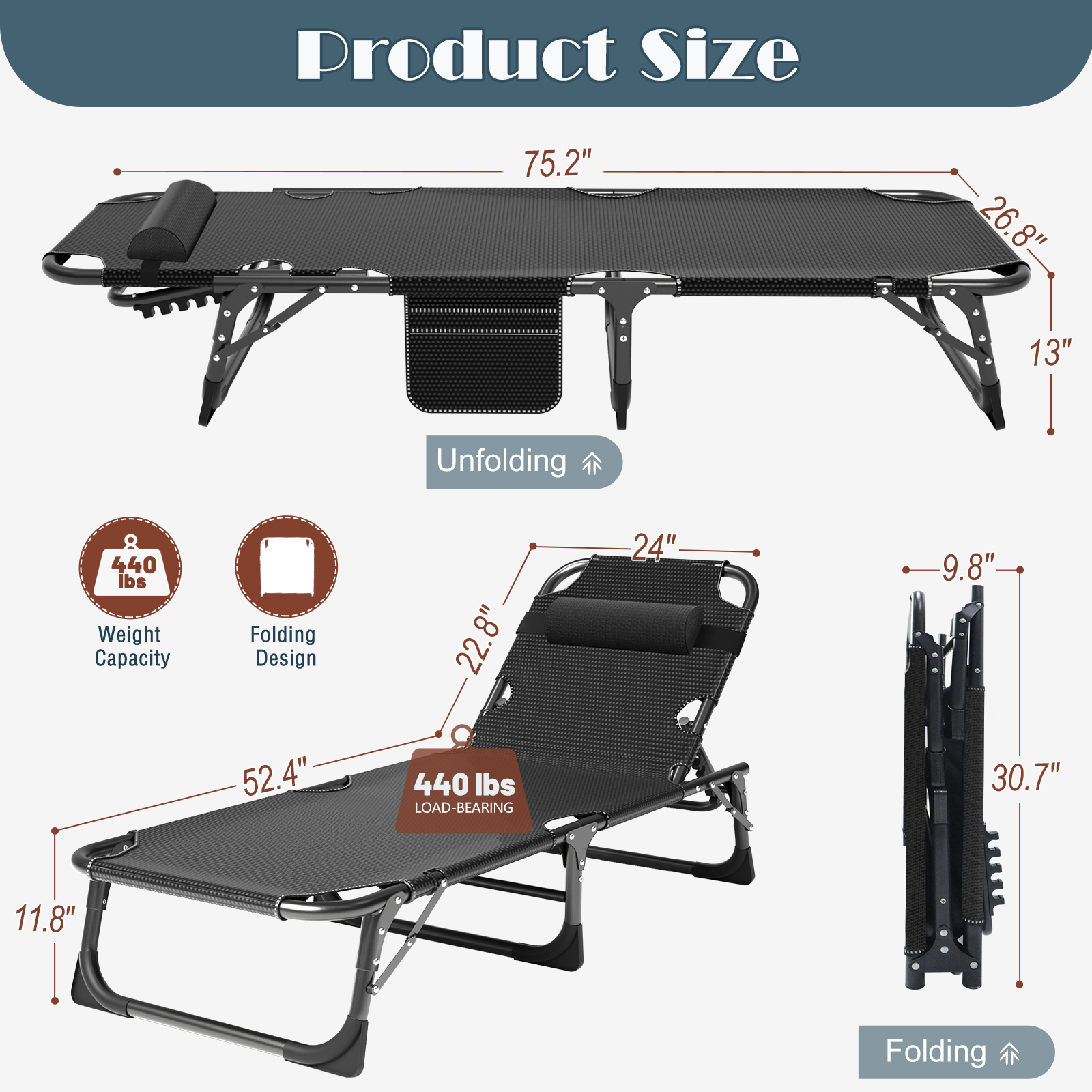 Lilypelle Portable Folding Camping Cot Bed with 2 Sided Mattress & Pillow, Adjustable 5-Position Folding Lounge Chair, Folding Cot Bed - image 3 of 9
