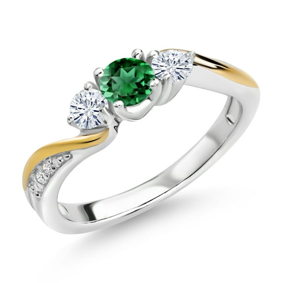 Gem Stone King 925 Silver and 10K Yellow Gold Green Nano Emerald White Moissanite and White Lab Grown Diamond 3 Stone Engagement Ring for Women (0.53 Cttw, May Birthstone, Size 7)