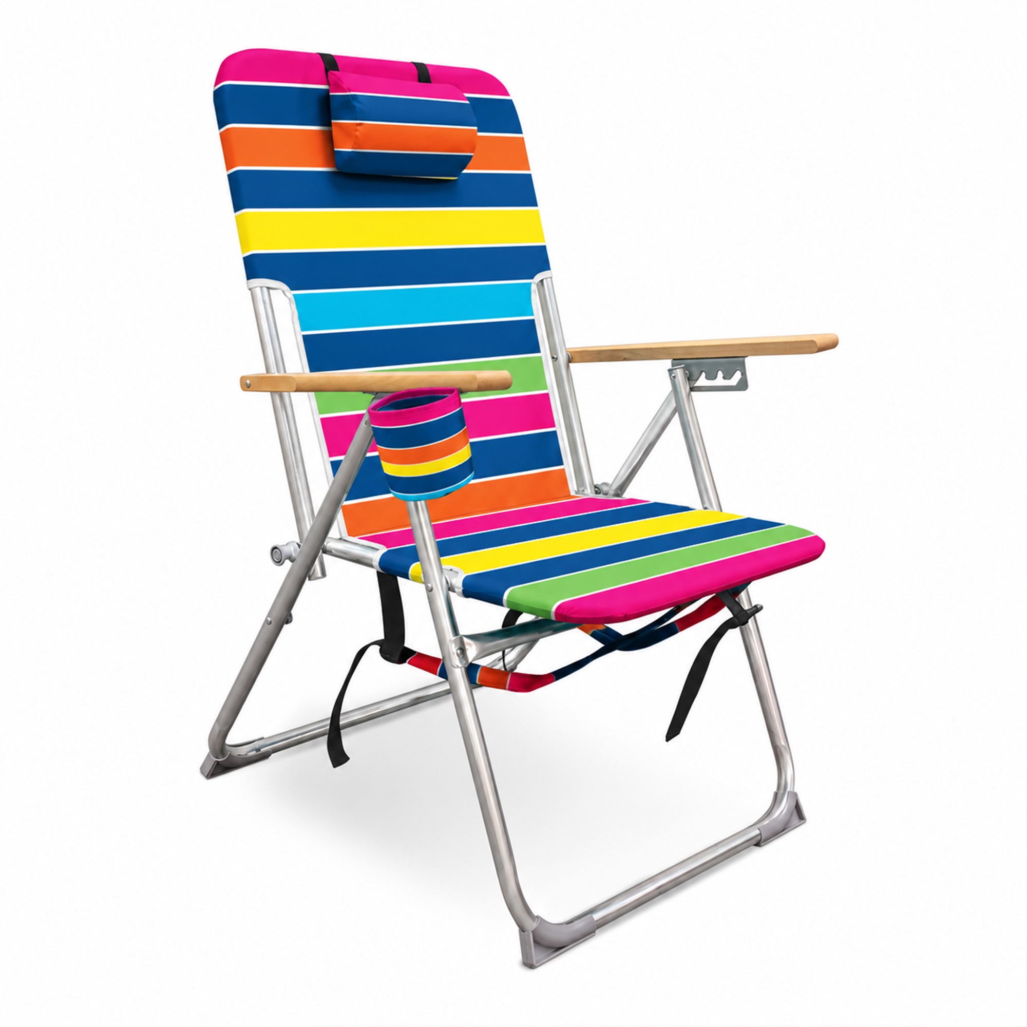 Caribbean Joe High Weight Capacity Back Pack Chair with wood armrests. Double Shoulder Straps and cup holder