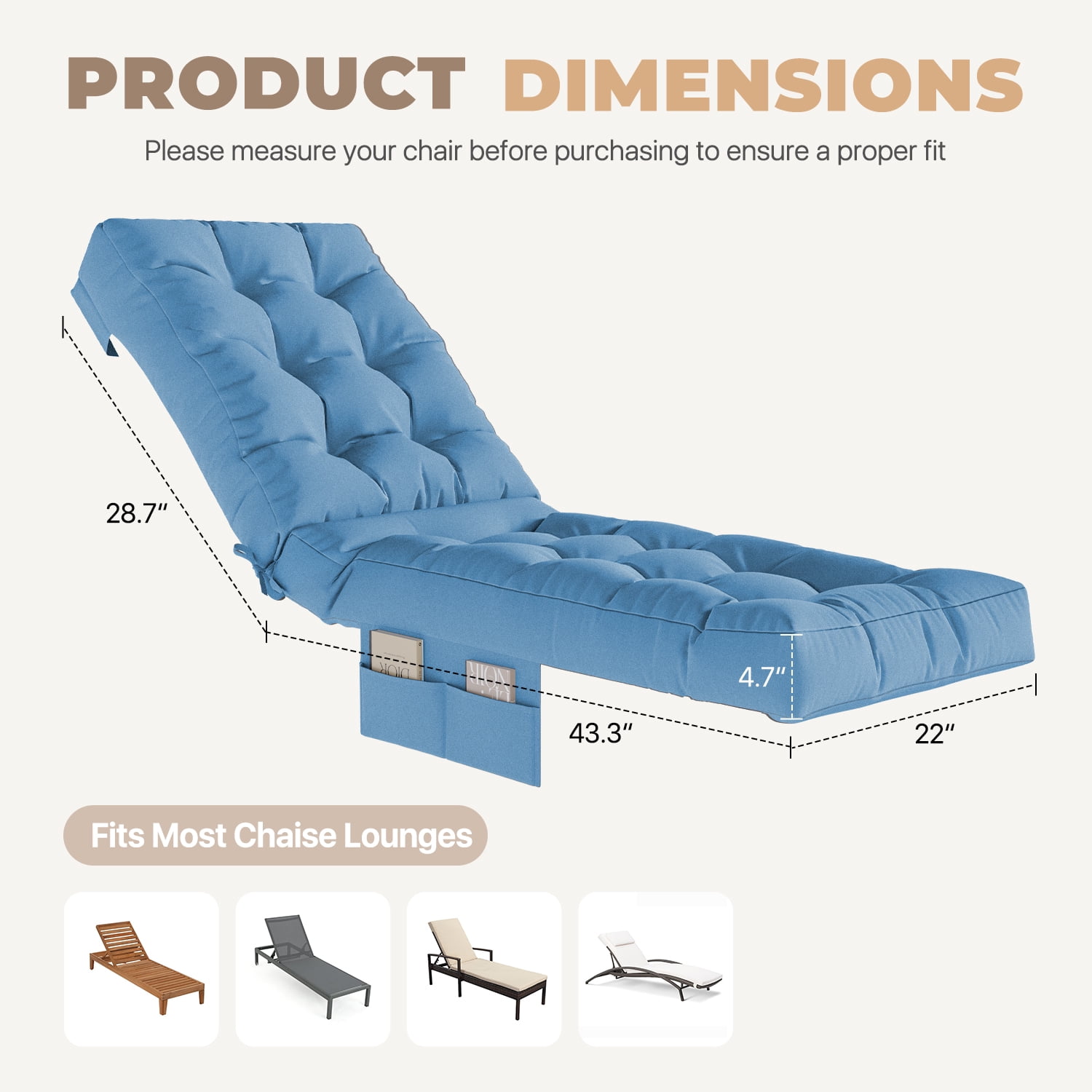 BaPiPro Sky Blue Outdoor Chaise Lounge Cushion with Side Pocket, Triple Non-Slip Fixation, All-Weather Durable & Soft Fabric, Thickened Padding, Ideal for Patio and Poolside Use