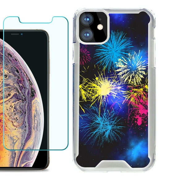 For Apple iPhone 11 Case, Hybrid Bumper Phone Case, with Tempered Glass Screen Protector, by OneToughShield ® - Fireworks