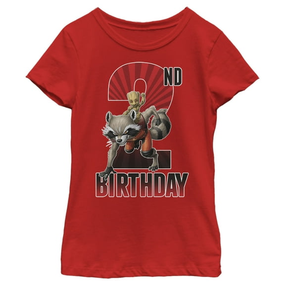Girl's Marvel Rocket and Baby Groot 2nd Birthday  Graphic Tee Red Small