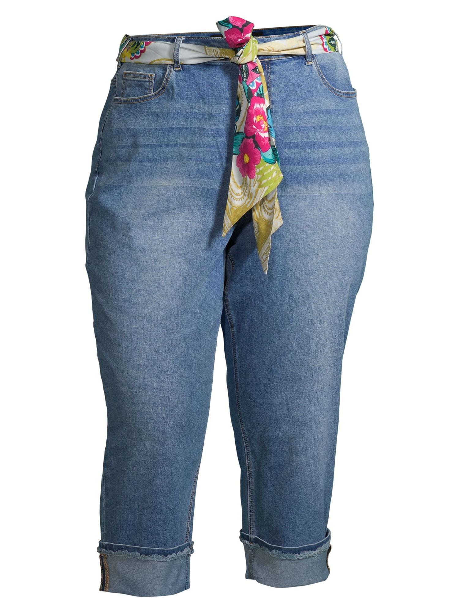 Alivia Ford Women's Plus Size Roll Cuff Denim Capri Jeans with Printed Belt
