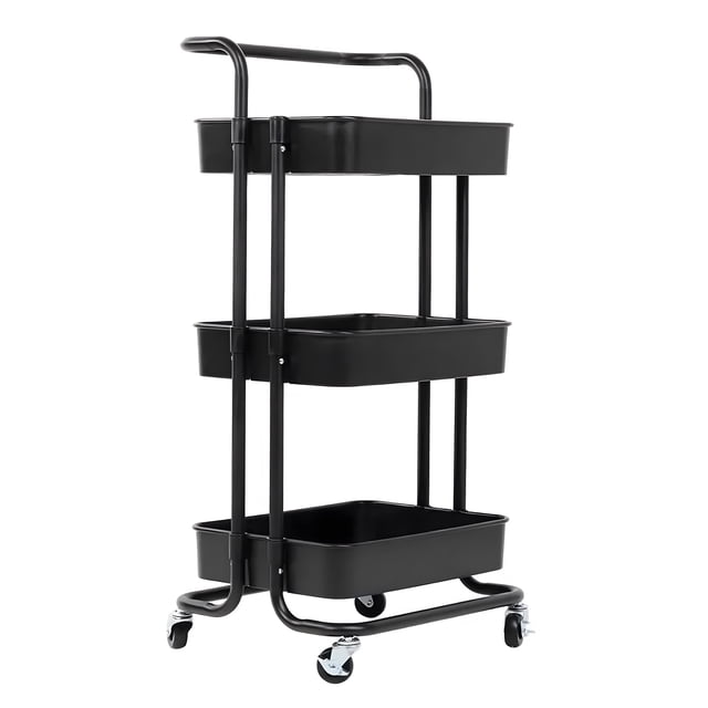 Chariot Roulant Multi-Usage à Trois Niveaux, Chariot de Rangement avec Poignée, Chariot d'Organisation Multifonction avec Roulettes Freinées, Adapté pour Salle de Bain, Buanderie, Cuisine, Bureau - Noir