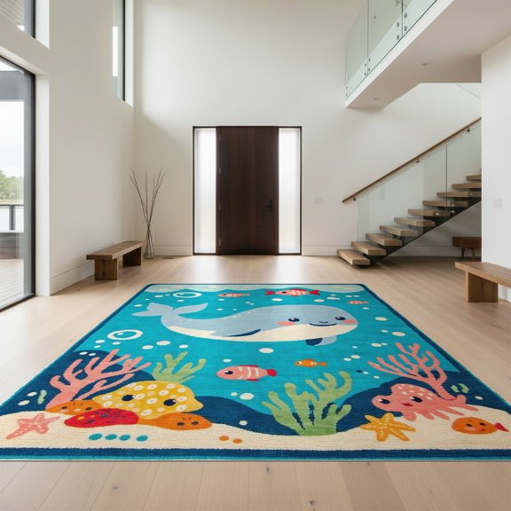 Design&I 8'x10' Washable Area Rug Classroom Ocean Whale Octopus Starfish Cartoon Animals Under for Living Room, Family Extra Large Skid-Resistant Low Profile