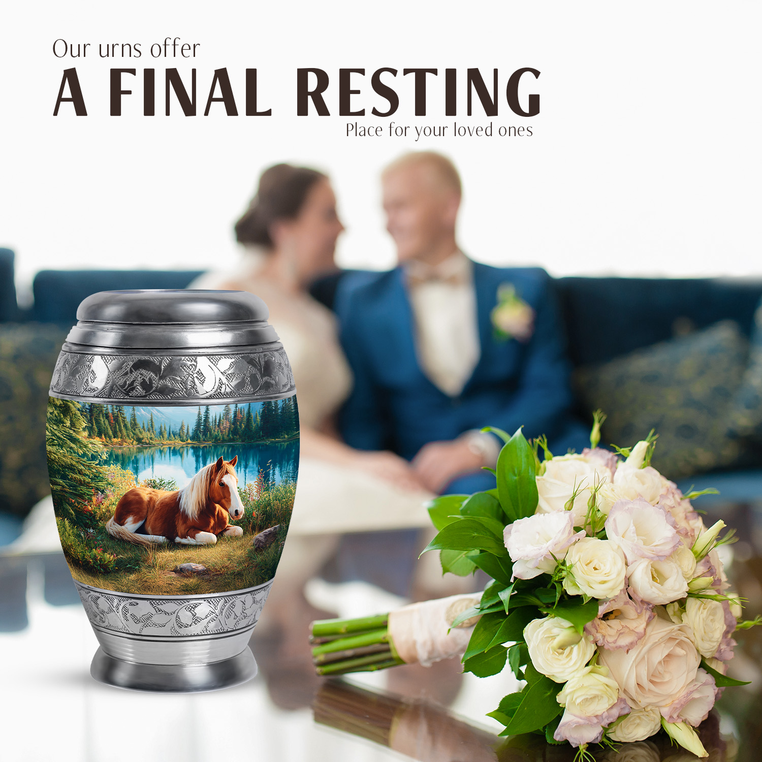 JAGASY Horse Burial Urn for Ashes Adult Male, Blue Keepsake Small Urns for Human Ashes, Mountain Trees Decorative Urns for Friends, Brown Horse Funeral Cremation Urn for Boys & Girls, (3 Inch)