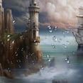 thumbnail image 5 of Orinice  Sailboat Shower Curtain, Pirate Merchant Shipnchored in The Bay of Fortbandoned Rockst Shore, Cloth Fabric Bathroom Decor Set with Hooks,  Pale Muave Beige 69x72, 5 of 7