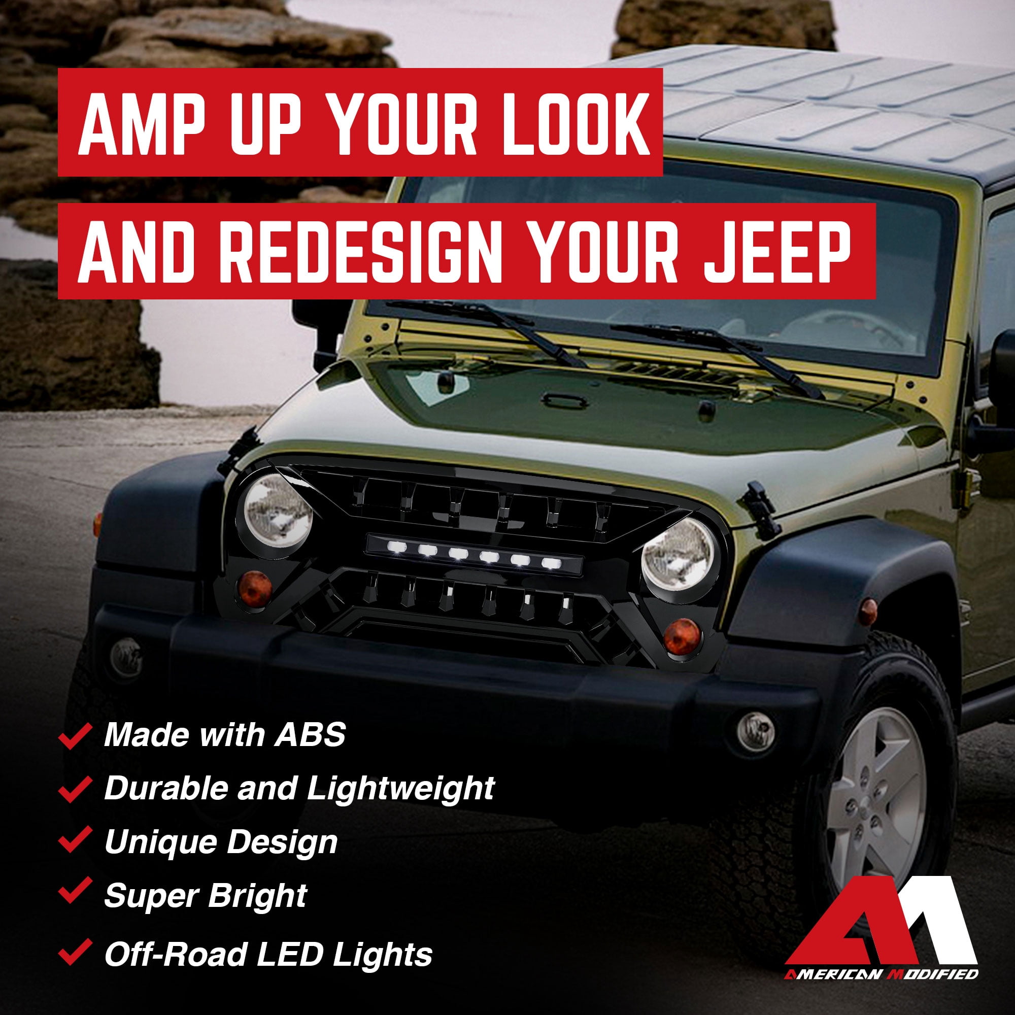 AMERICAN MODIFIED Armor Grille w/Off-Road Lights, 07-18 Jeep Wrangler JK