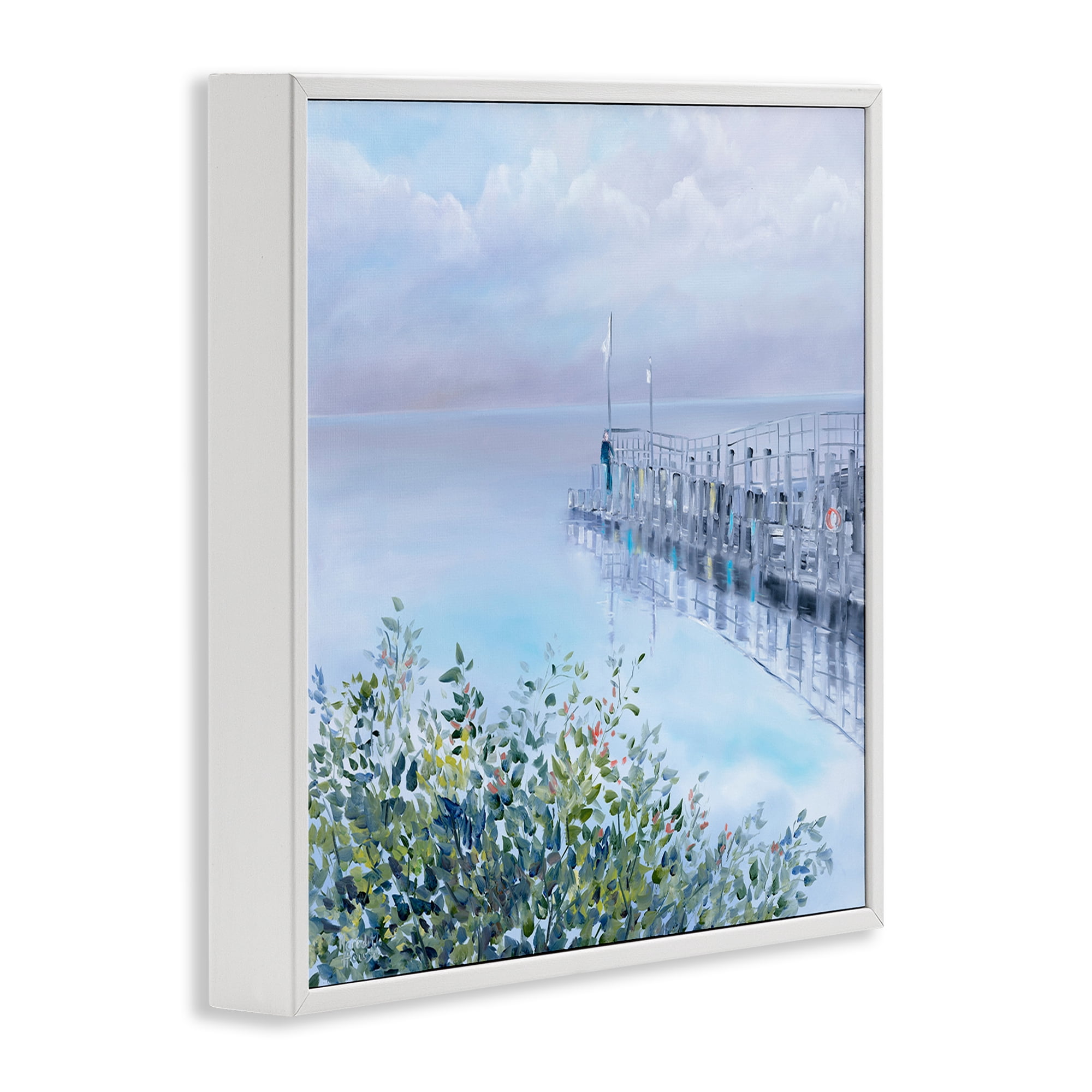 Stupell Industries Foggy Harbor Dock Landscape Painting White Framed Art Print Wall Art, 24 x 24