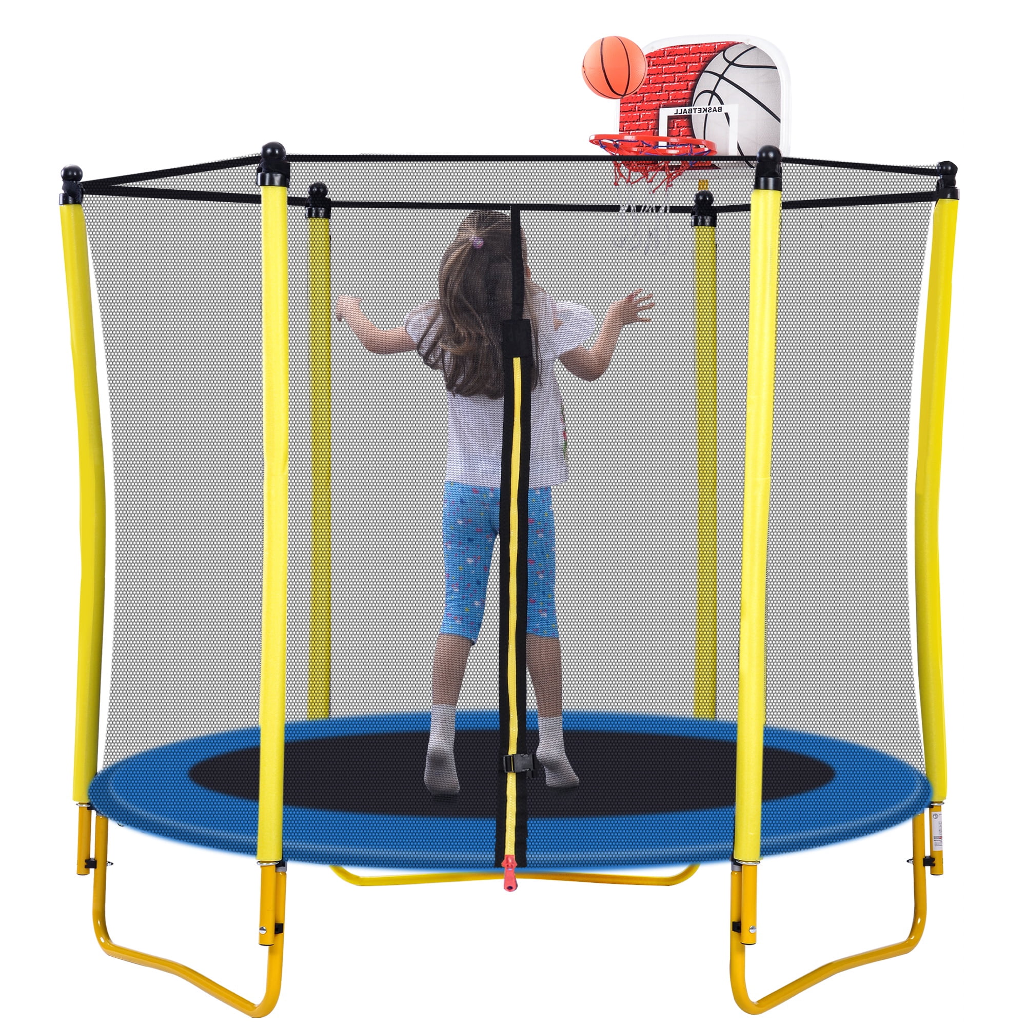 Seizeen 5.5' Trampoline for Kids, 2-IN-1 Mini Toddler Trampoline with Enclosure, Basketball Hoop and Ball, Yellow