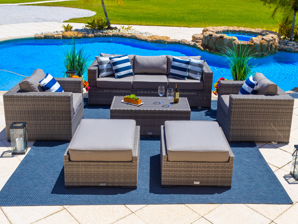Sorrento 6-Piece L Resin Wicker Outdoor Patio Furniture Lounge Sofa Set in Gray w/ Sofa, Two Armchairs, Two Ottomans, and Coffee Table (Flat-Weave Gray Wicker, Polyester Light Gray) - image 2 of 9