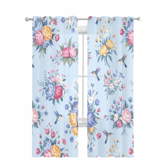 Pink Blue Flowers Sheer Curtains 84 Inch Length 2 Panels Set for Living Room/Bedroom, Spring Floral Pastoral Birds Leaves Kitchen Curtains Grommet Semi-Sheer Curtains Window Treatments 42"x84"x2