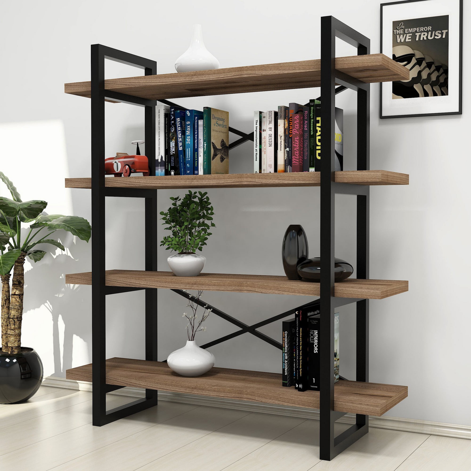 Modern Bookcase, Bookshelf with 4 Shelves , Walnut Wood and Black Metal
