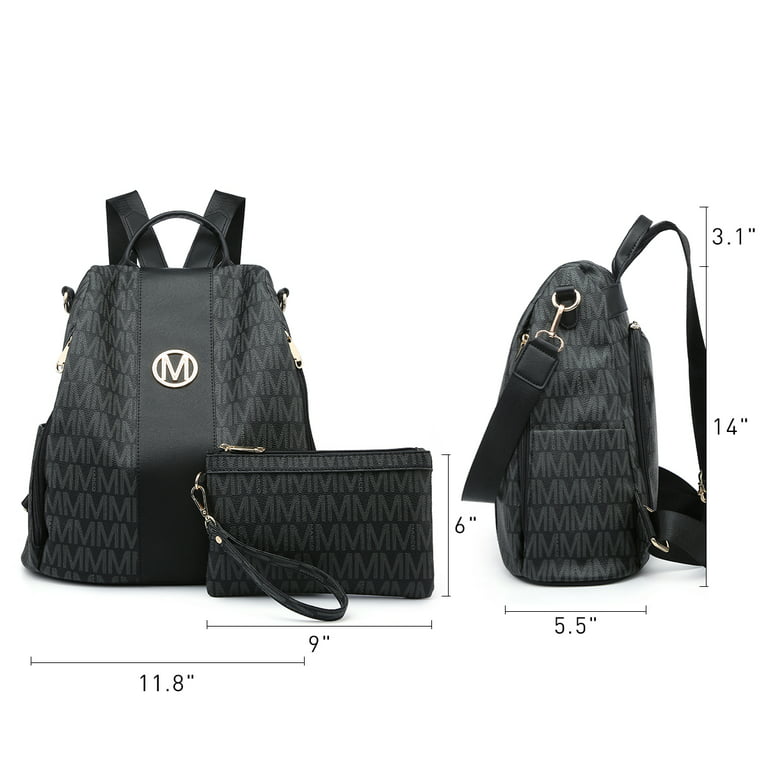 MKP COLLECTION Women's Lightweight Multi Zipper Pocket Signature Anti-Theft  Shoulder Backpack Wristlet Wallet Set (Black) : : Fashion