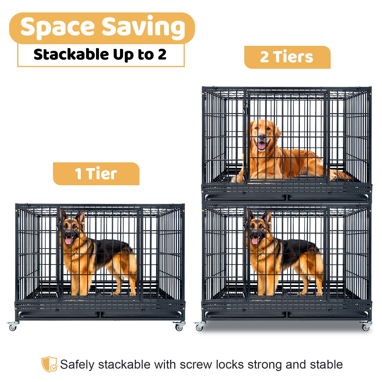 47 Inch Heavy Duty Large Dog Crate, Stackable Indestructible Big Cage for High Anxiety Dogs, Escape Proof XL Dog Kennel Indoor with Auto Locks, No-Noise Grid, Dual Trays, 360° Wheels(2 Tier)