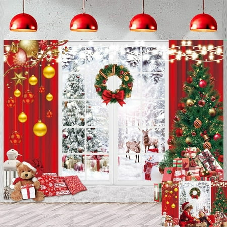 Image of 7x5FT Christmas Backdrop Winter Christmas Window Backdrop Xmas Tree Gift Wreath Windowsill Background Family Holiday Party Photography Background