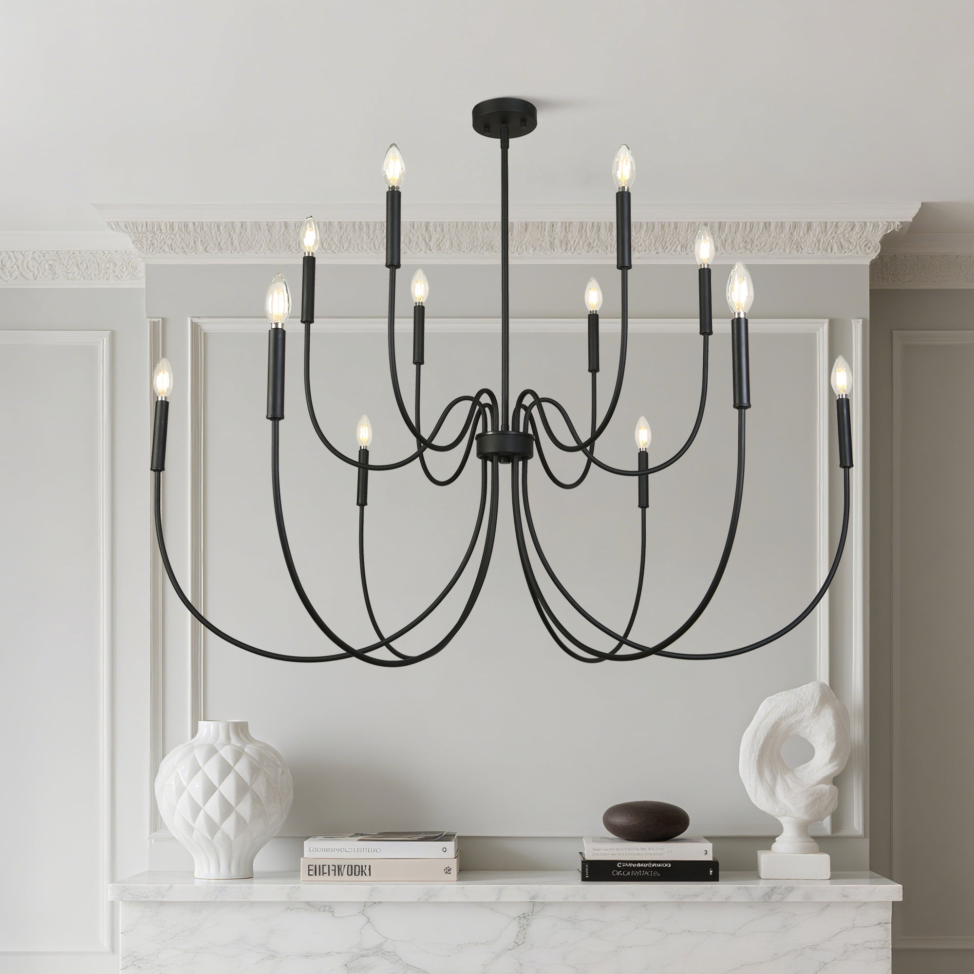 LNC Dolohovstrout 47.2'' 12 -Light Matte Black Bare bulb Metal Chandelier