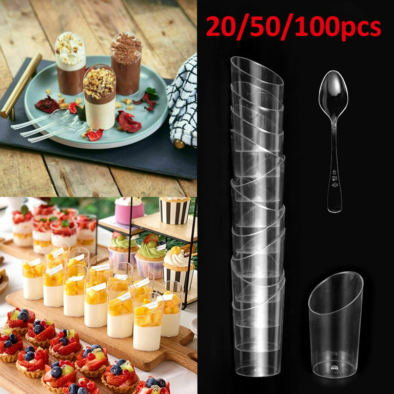 Dlux 100 x 3 oz Mini Dessert Cups with Spoons, Shooter - Clear Plastic Parfait Appetizer Cup - Small Reusable Shooter Glass for Tasting Party