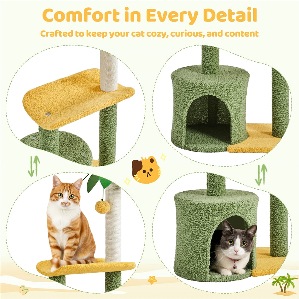 Yaheetech 37.1" Tall Coconut Palm Cat Tree with Large Condo and Scratching Post, Green/Yellow