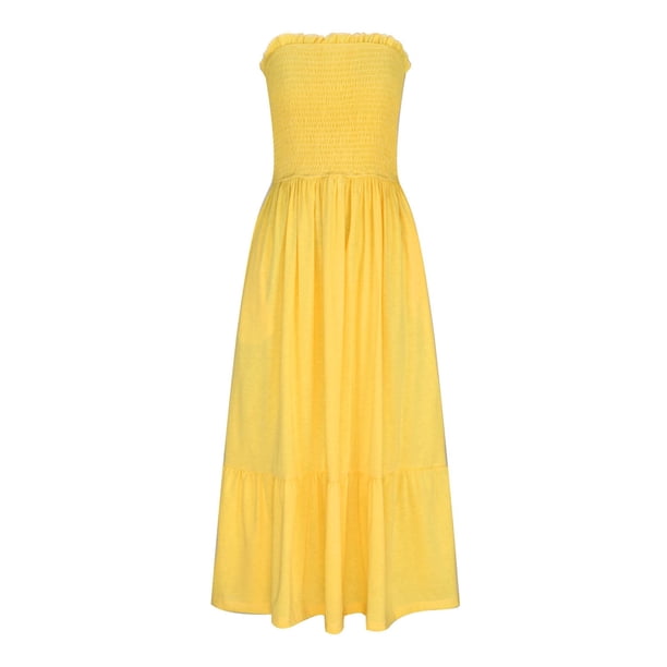 Yellow Tu Summer Dress Women's Summer Strapless Smocked A-Line Flare  Fashion Boho Beach Dress Party Long Maxi Dress With Pockets Womens Summer  Dresses, Up To 65% Off! Walmart Business Supplies