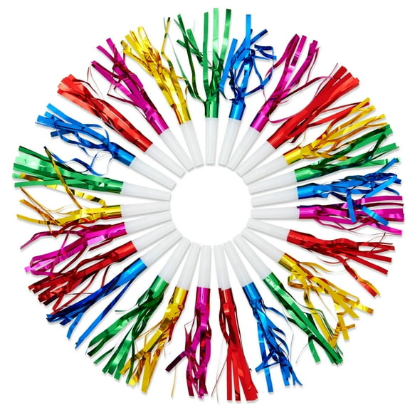 Juvale Party Noise Makers & Horns - Bulk Party Horns & Blowers - Tinsel Fringe Noise Makers for Kids - Multicolor Celebration Favors - Plastic, Pack of 50, 5 Colors