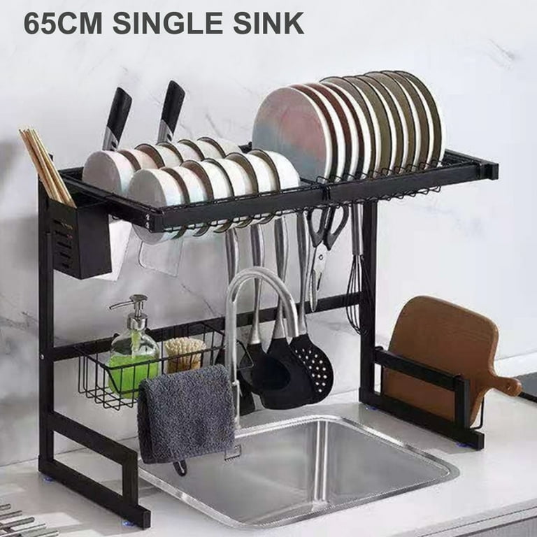 Over The Sink Dish Drying Rack,Adjustable,2 Tier Stainless Steel Dish Rack  Drainer, Large Stainless Steel Dish Rack Over Sink for Kitchen Counter  Organizer Storage Space Saver with Hooks (25.6-33.5) 
