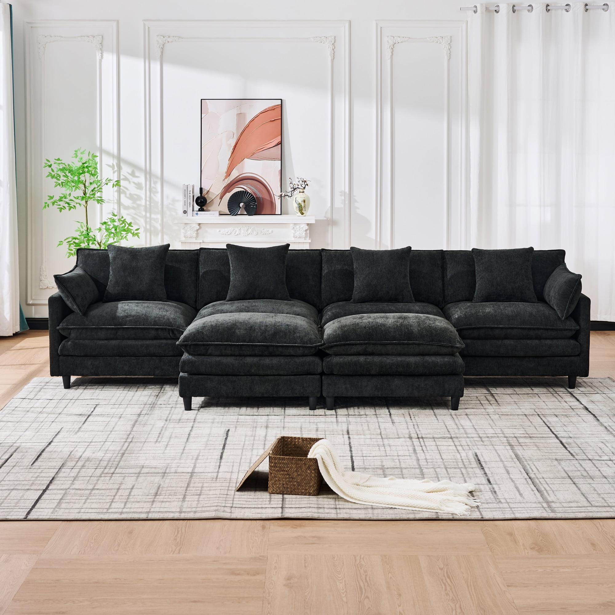 U-Shaped Modular Sectional Sofa with 2 Movable Ottomans and 6 Cushions, 140.9-Inch Soft Chenille Fabric Corner Couch for Living Room, Black