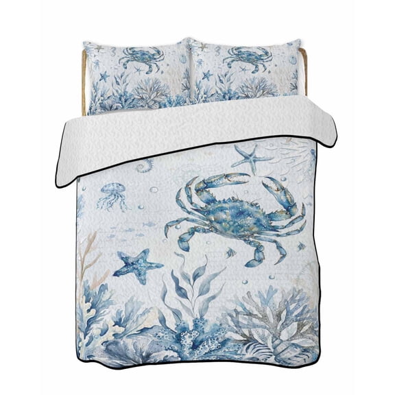 Quilts King Size Bedding Set, Blue Coastal Crabs Lightweight Quilted Comforter, Summer Ocean Seahorse Coral Shells Soft Reversible Bedspread Coverlet with Pillow Covers for All Season, 96" x 106"