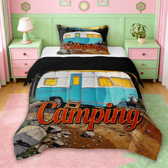 Erosebridal Kids Camping Themed Twin Comforter Sets,Rustic Country Adventure Bedding Set For Boys,Reversible black,2pcs