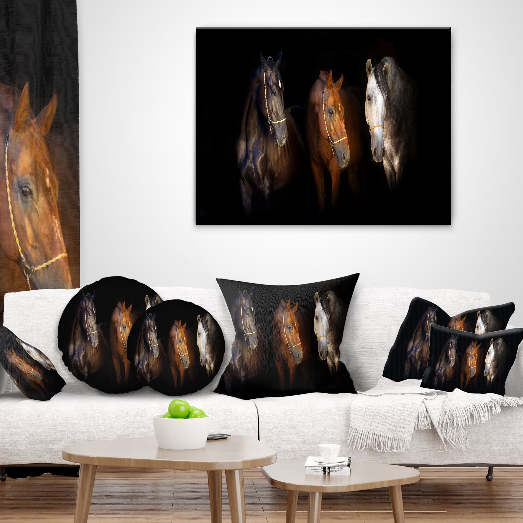 Designart Three Horses with Golden Bridle - Animal Throw Pillow - 12x20