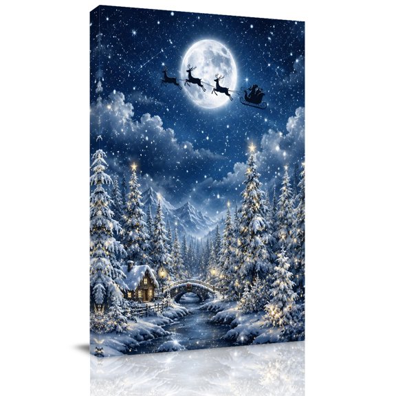 Canvas Wall Art, Christmas Forest Framed Canvas Prints for Bathroom Hallway, Xmas Deer Santa Claus Navy Blue Moon Night Small Gallery Wrapped Wall Decor for Home Office, Gifts, 8"x10" Ship Next Day
