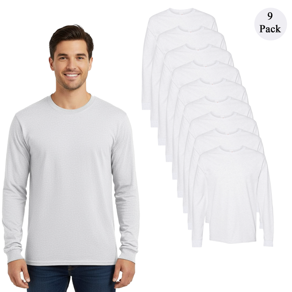 Hanes Men's Essential-T Long Sleeve T-Shirt, Soft Durable Crewneck Ash Color Solid Tee, 9-Pack, S