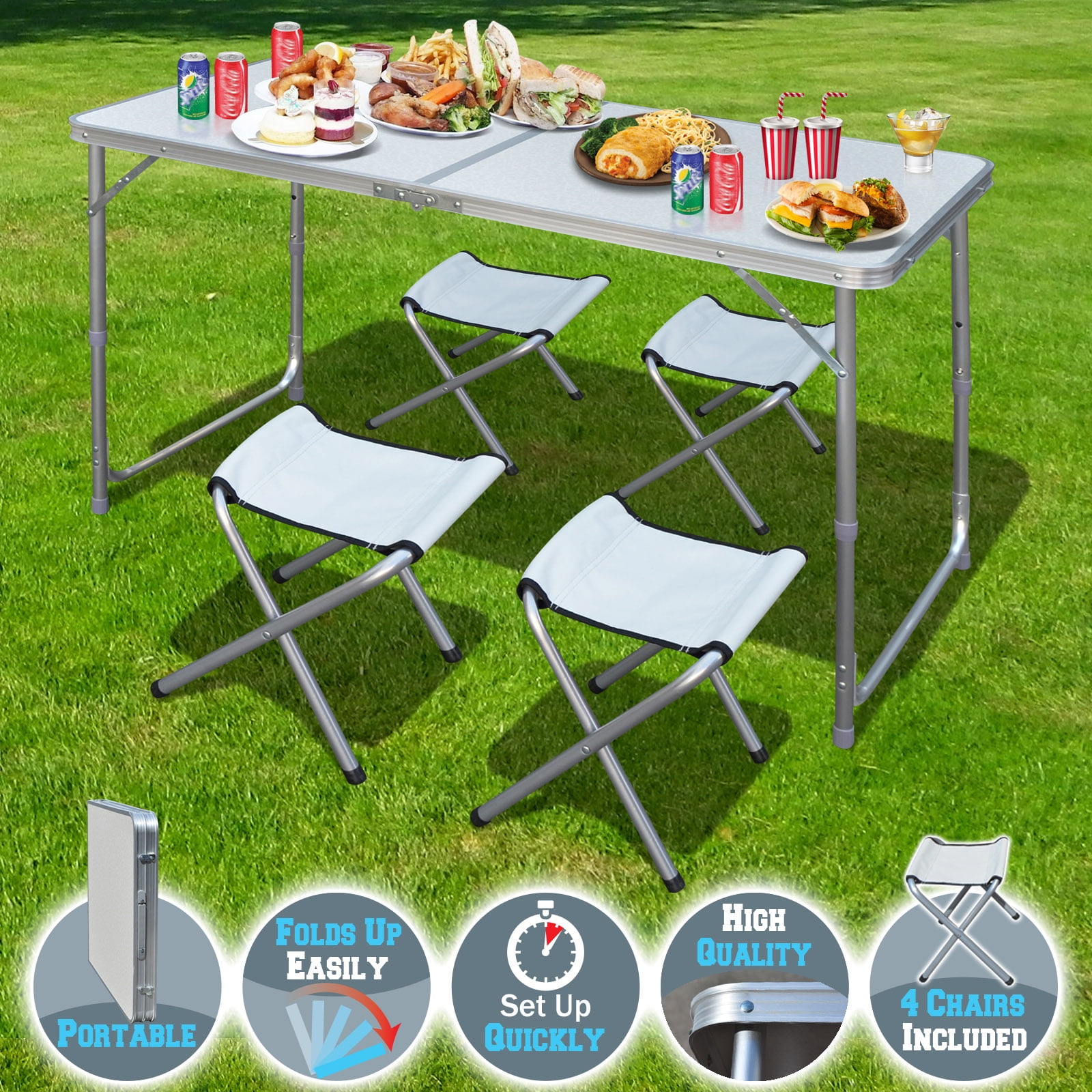 Sunrise Foldable, Adjustable Camping, Picnic Table, with 4 Chairs, for Outdoor or Indoor Use, White Color