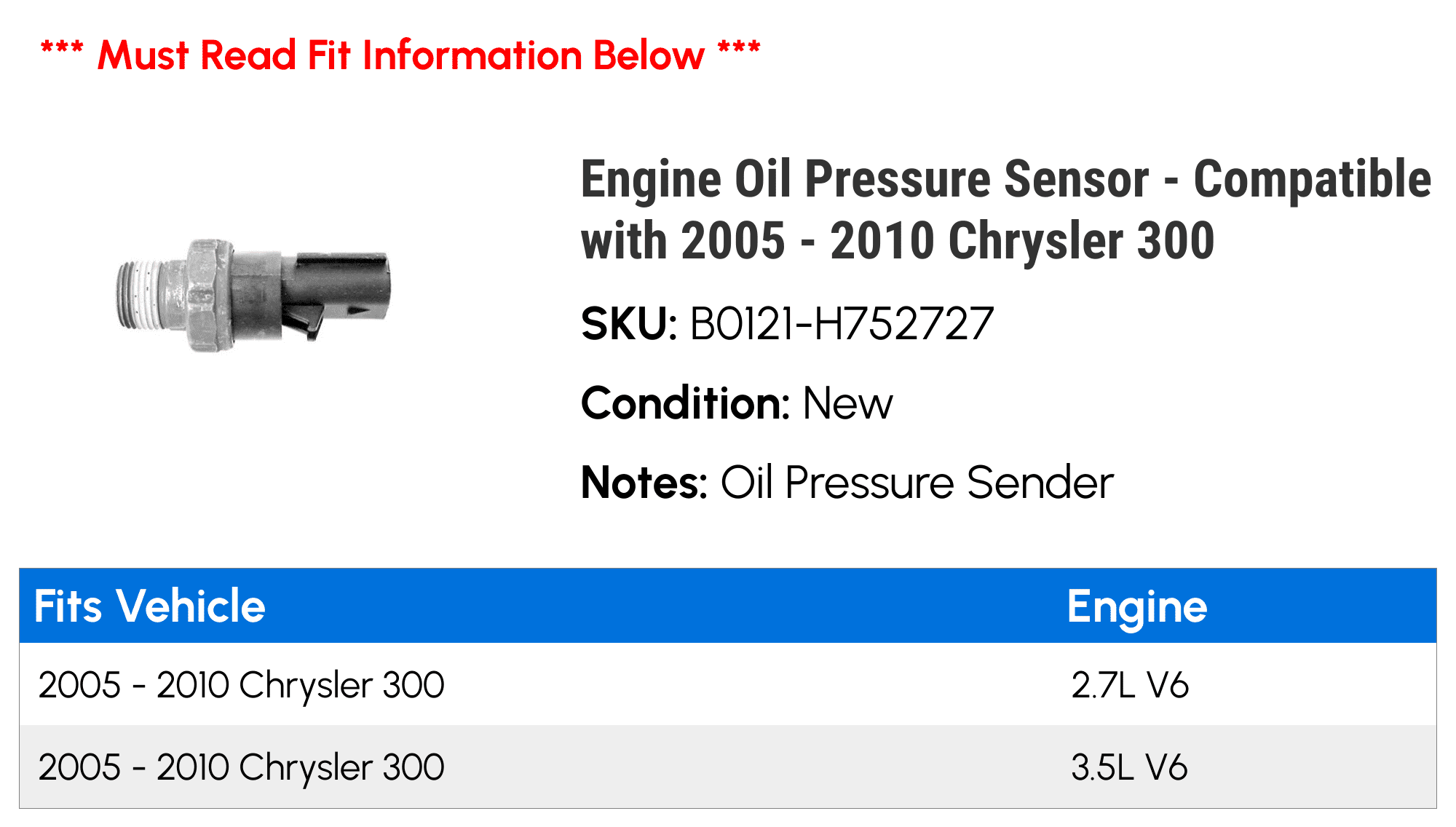 Engine Oil Pressure Sensor - Compatible with 2005 - 2010 Chrysler 300 2006 2007 2008 2009