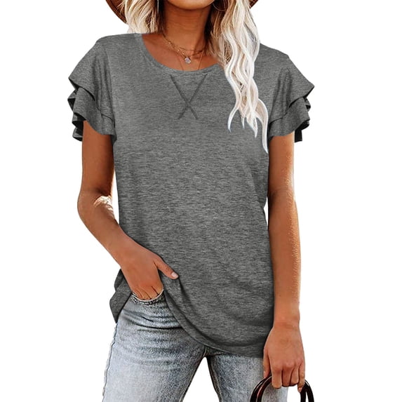 Womens tshirts ruffle sleeve summer casual tee shirts round neck solid color cute tunic dressy casual business outfits