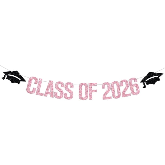 Pink & Black Glitter Class of 2026 Banner with Grad Cap Cutouts, 2026 Graduation Party Supplies