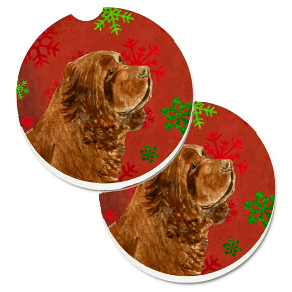 Sussex Spaniel Red Green Snowflake Holiday Christmas Set of 2 Cup Holder Car Coasters