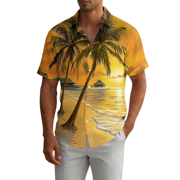 Gamivast Short Sleeve Shirts for Men Tropical Leaf Print Button Down Shirts Lapel Collar Standard Fit Aloha Shirts Summer Beach Holiday Camp