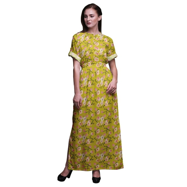 Bimba Robe Longue Imprimée en Rayonne à Fleurs de Pêche, Taille Smockée, Fente Latérale, Petite, Jaune
