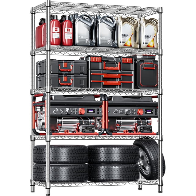 M MZG Unidad de Almacenamiento de Metal Resistente de 5 Niveles (Cromo, 17.7" D x 47.2" W x 72.3" H, Capacidad de 1750 lbs), Organizador de Estante de Alambre de Acero Ajustable para Garaje, Cocina,