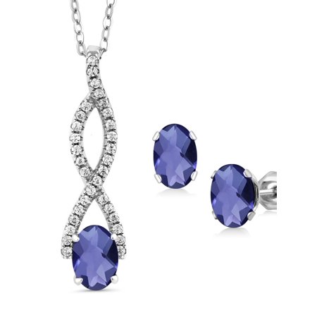 Iolite Pendant Set - 2.33 Ct Oval Checkerboard Blue Iolite 925 Sterling Silver Pendant Earrings Set