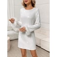 thumbnail image 2 of White Sequin Mini Dress With Feather Cuff, Round Neck Long Sleeve Straight Fit For Parties, 2 of 6
