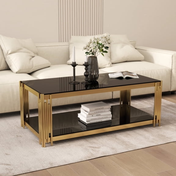 Rectangular Gold Stainless Steel Legs 47 Inch Black Glass Coffee Table