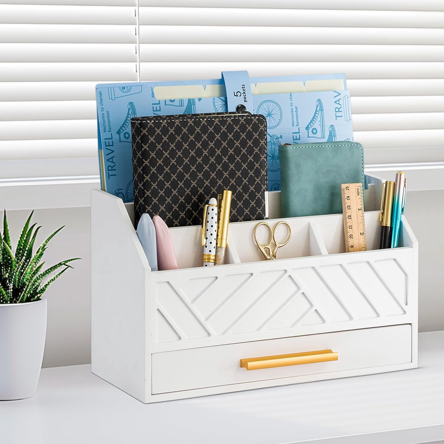 white Wood Desk Organizer and Accessories with Drawer, Bill Mail Organizer and File Mail Holder for Office Supplies, Modern Desk Accessories & Workspace Organizers for Desk Organization