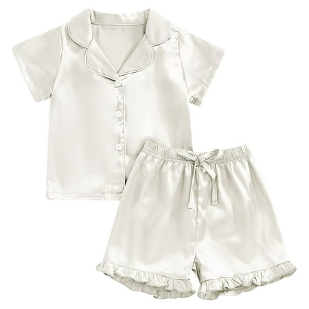 Pajamas For Kids Pink Pj Set Girls Satin Pajamas Set Button Down 2 Piece Silk Pjs Shorts Set Ruffle Sleepwear Beige 1-2 Years
