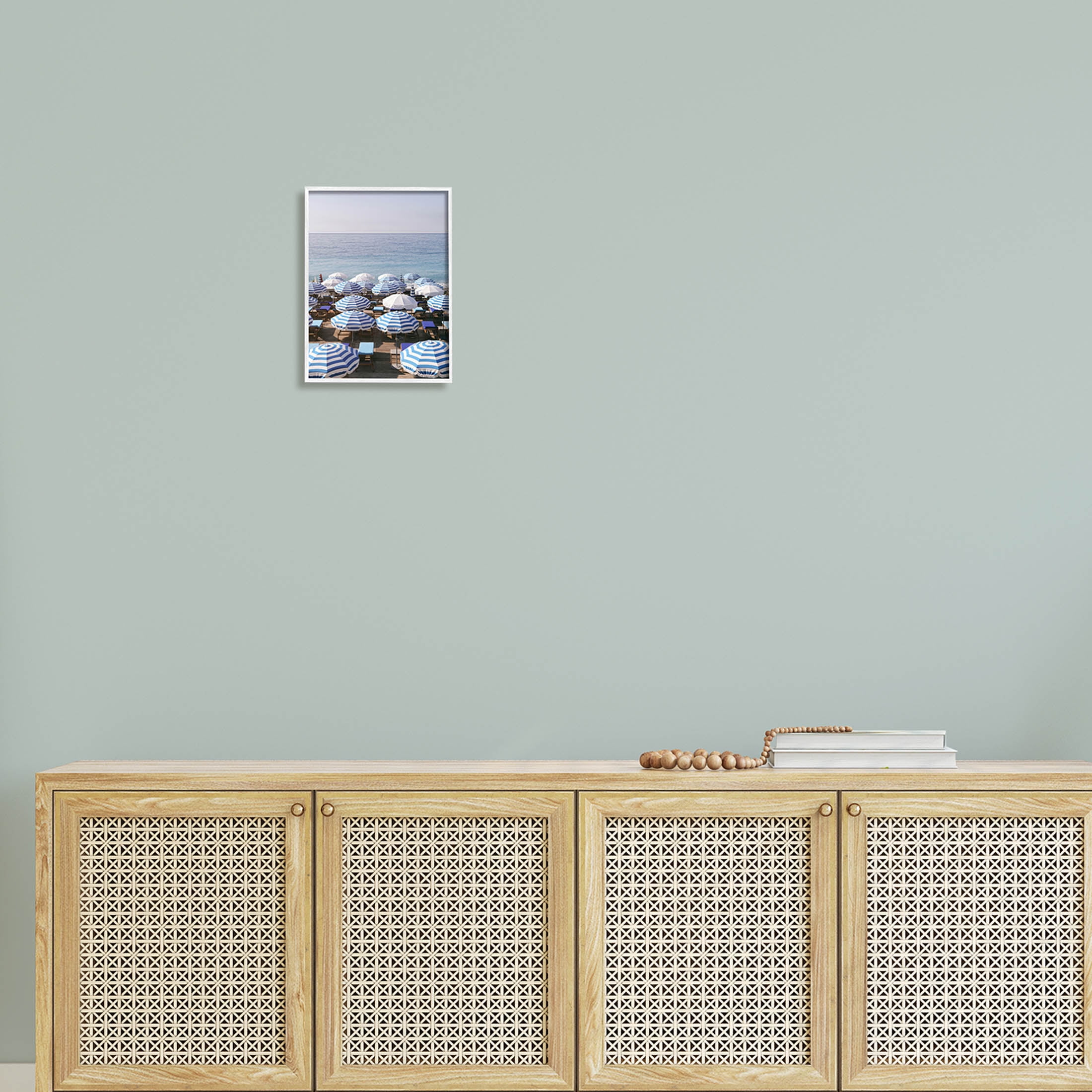 Beach Umbrellas Clear Summer Sky Coastal Photograph White Framed Art Print Wall Art