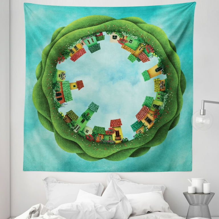 Fantasy Tapestry Small Town Illustration Surrounded by Trees Eco Family Metaphor Theme Art Fabric Wall Hanging Decor for Bedroom Living Room Dorm 5 Sizes Green and Blue by Ambesonne Walmart
