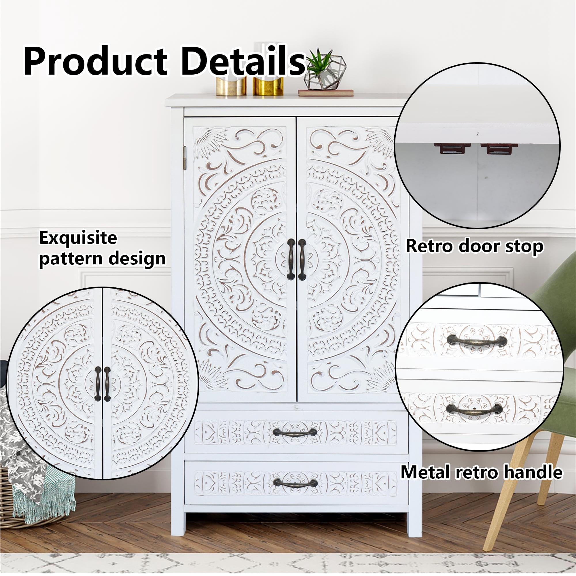 HIUU 48" White Storage Cabinet with Doors and Shelves,Farmhouse Kitchen Pantry Cabinet with Drawers,Bathroom Storage Cabinet with Chic Wood Grain
