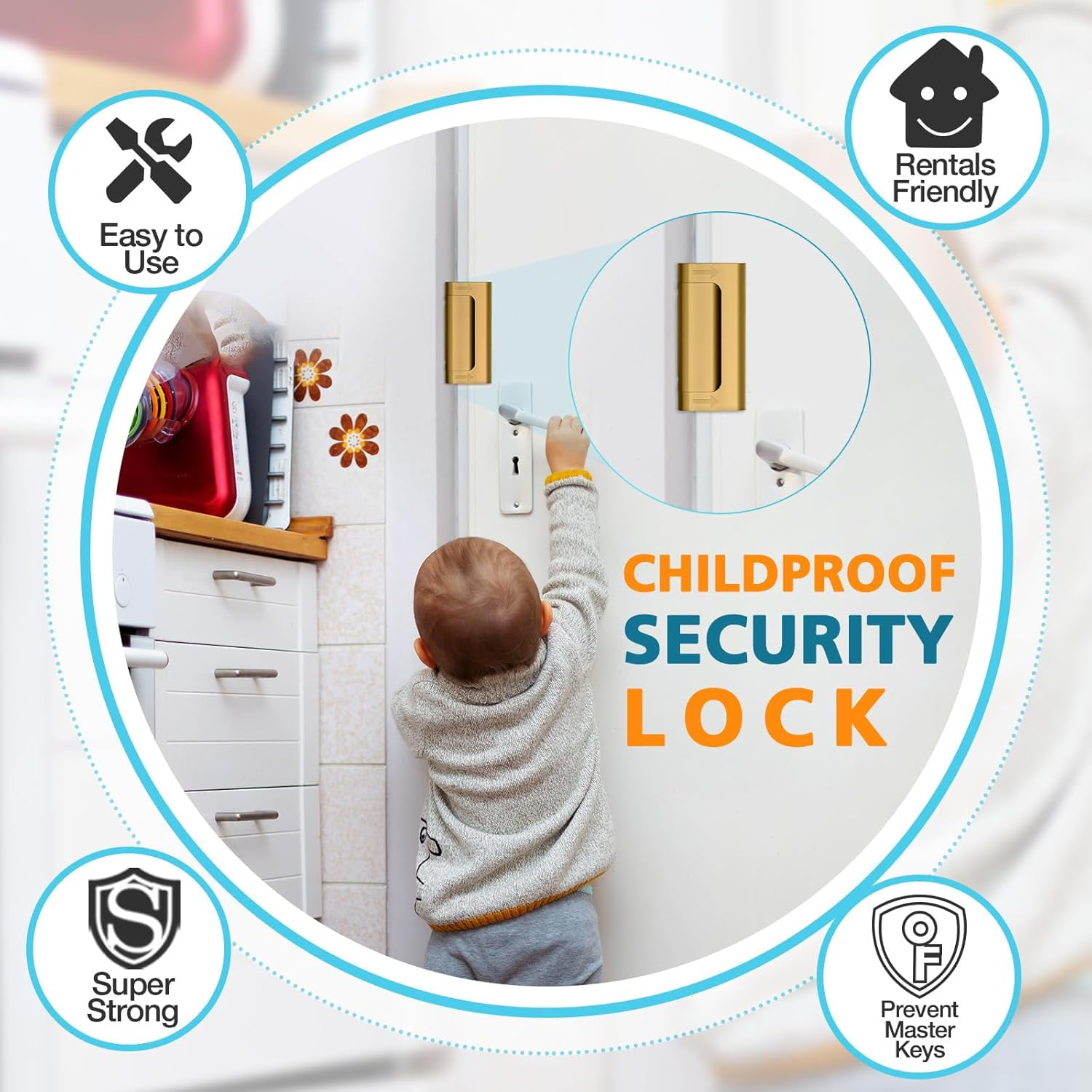 Child Proof Door Locks High Home Security Door Lock Reinforcement Night Kids Safety with 3" Stop Withstand 800 lbs for Inward Swinging Front Door Metal Flip Deadbolt Latch Defend Home